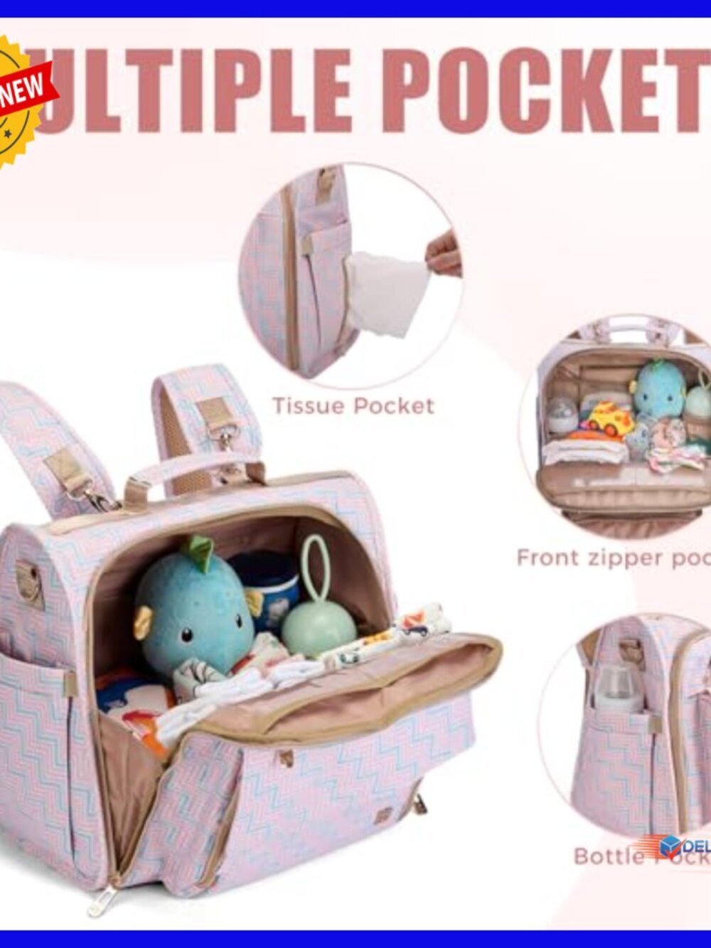 Waterproof Large Capacity Diaper Backpack with Stroller Hooks - Picture 3 of 6